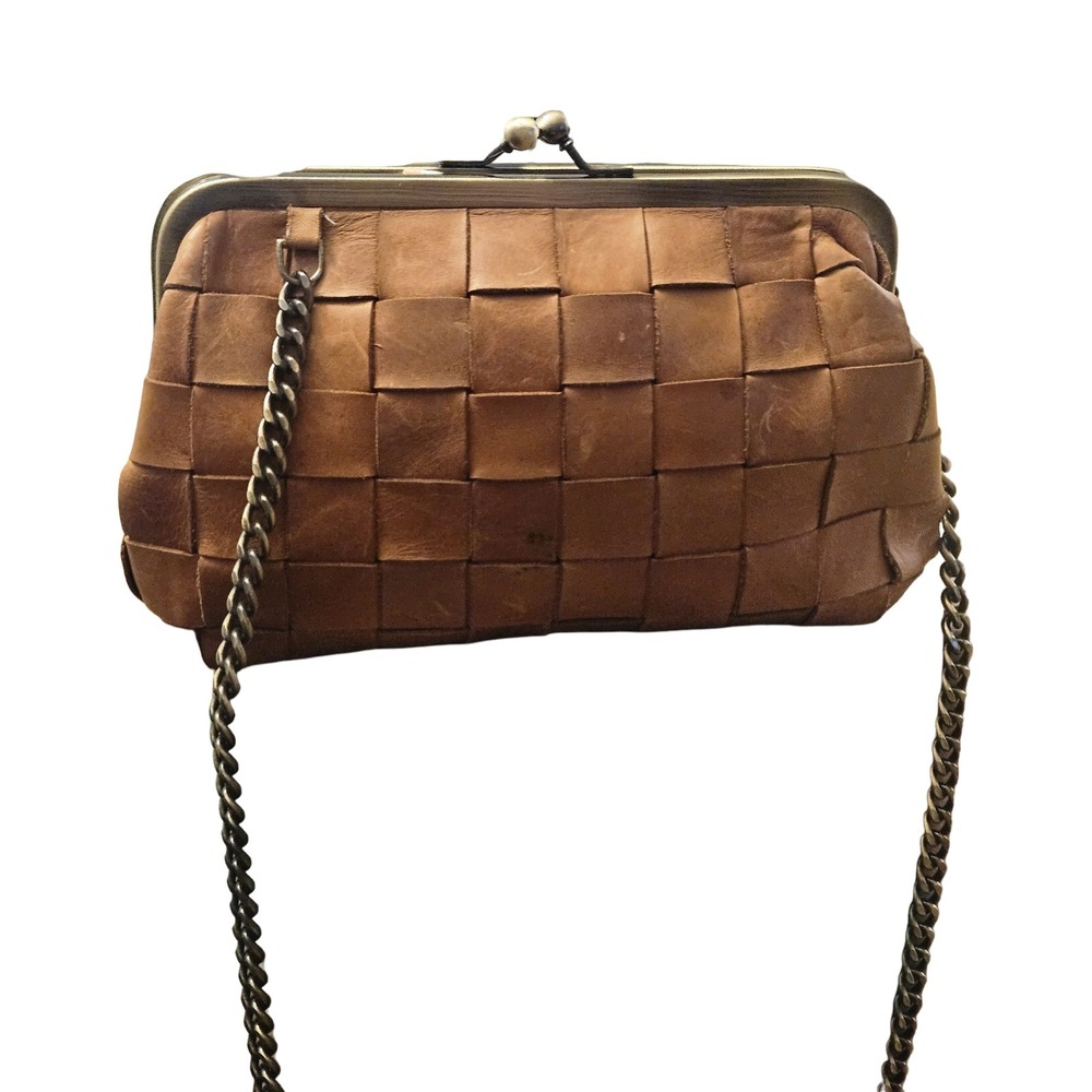 Margot Woven Leather Crossbody Bag Cognac Tan Kiss Lock Brass Chain
